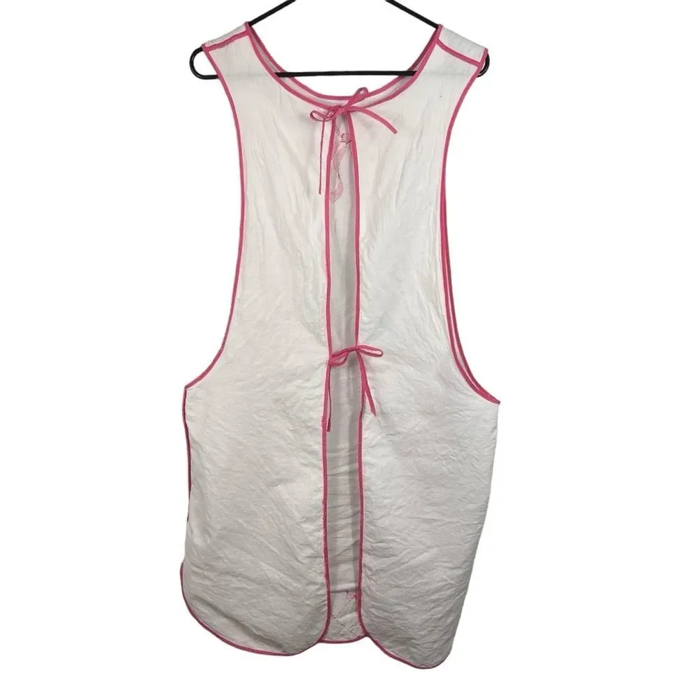 Vintage Embroidered Pinafore Apron Floral Bow White Pink Pockets OS
